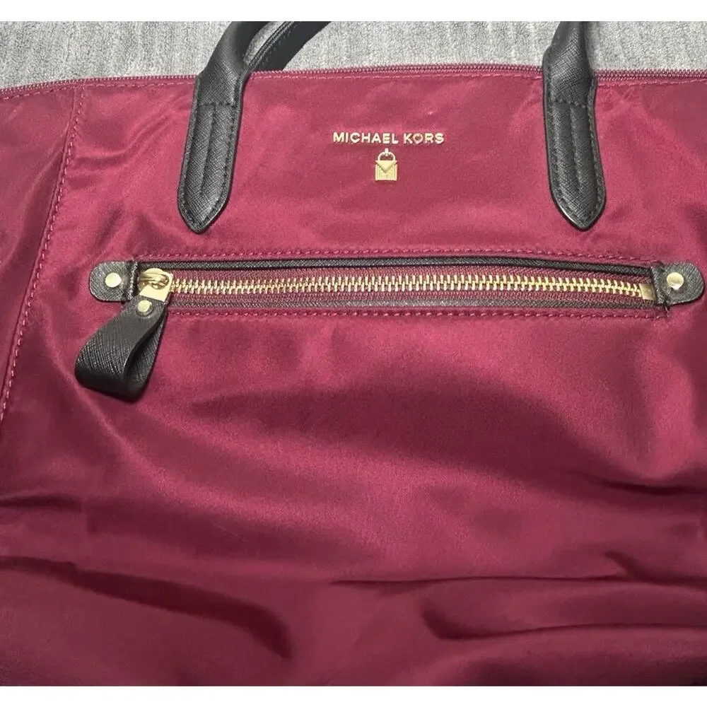 Michael Kors Kelsey Medium Nylon Tote Burgundy Gold Travel Shoulder Bag